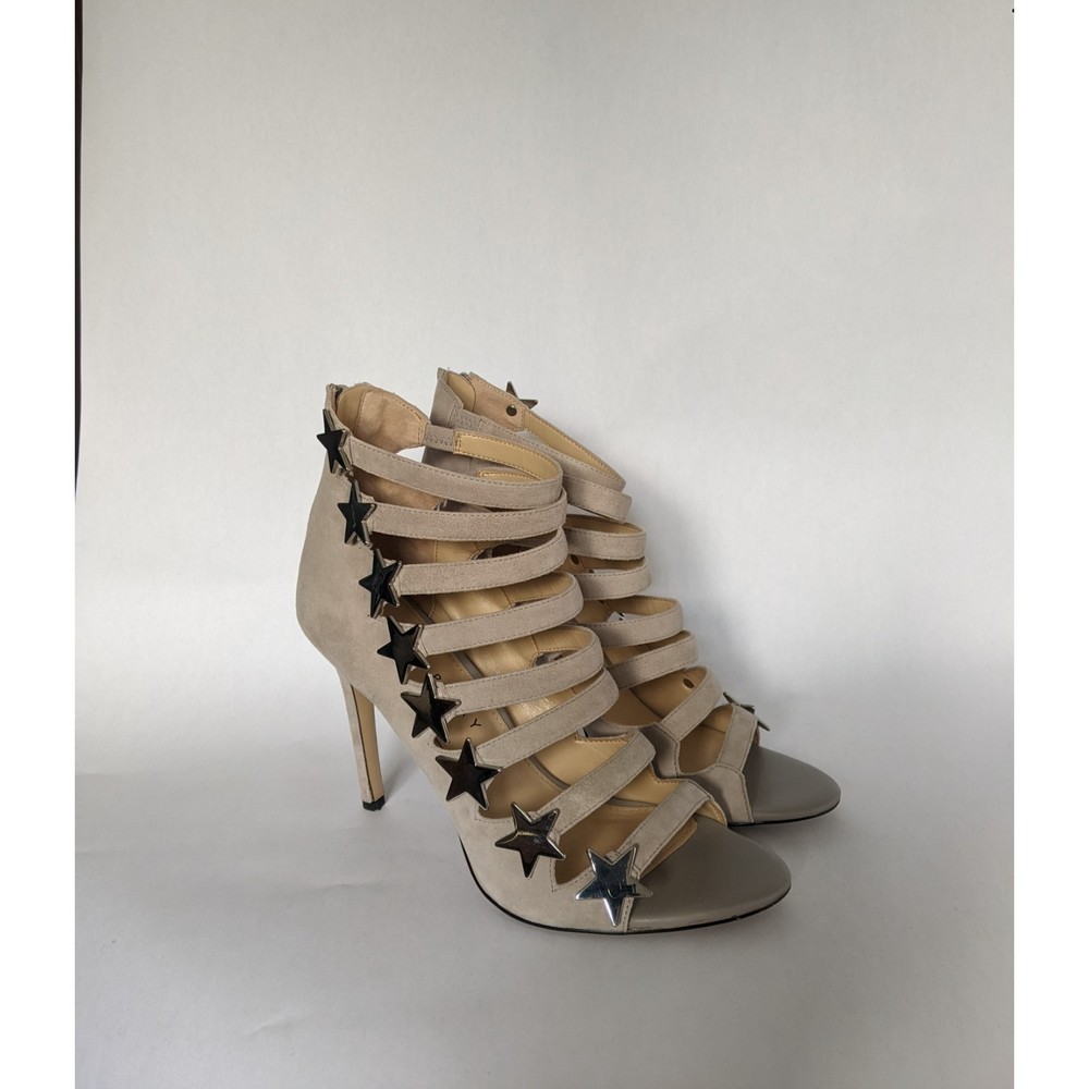 Katy Perry heels: The Stella, sz 9.5. Strappy, tan suede, zipped backs, STARS!